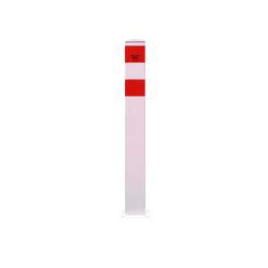 A galvanised red and white extra heavy-duty square bollard with a base plate and standard class 1 red reflective band.