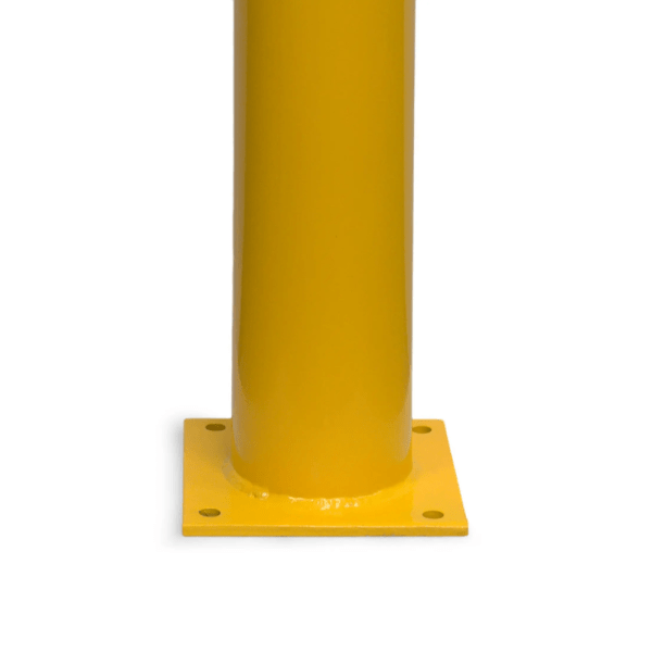 The base of a galvanised yellow extra heavy-duty square bollard with a base plate ideal for mounting card readers onto.