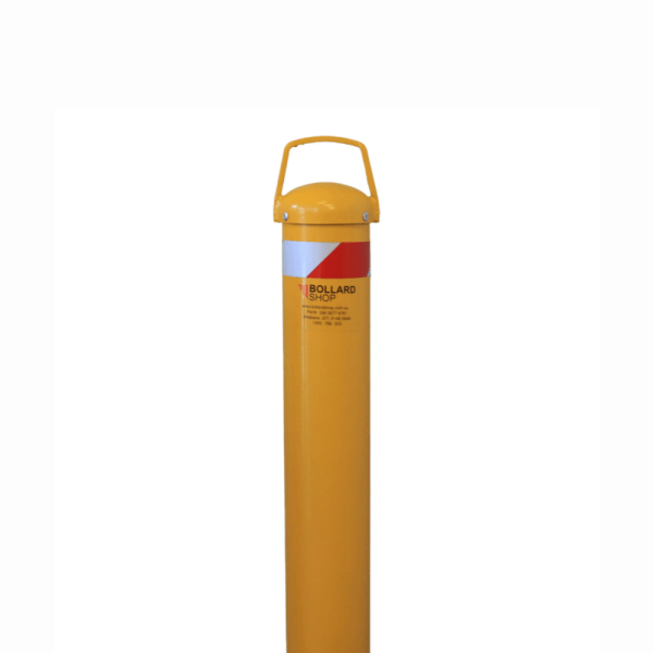 A yellow removable inground bollard with red and white reflective tape and the "Bollard shop" text.