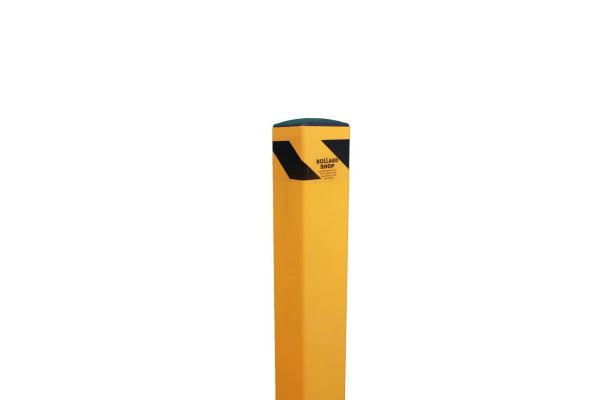 An inground square bollard powder coated in safety yellow for improved visibility and corrosion resistance.