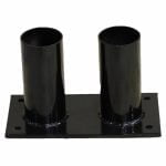 A metal double bollard holder. It consists of two cylindrical tubes welded onto a flat rectangular plate.