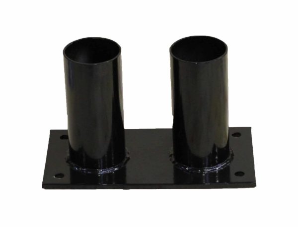 A metal double bollard holder. It consists of two cylindrical tubes welded onto a flat rectangular plate.