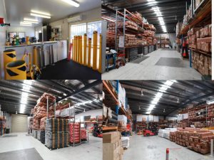 This image is a collage of four photos showing different angles and sections of a bollard warehouse and a shop area.